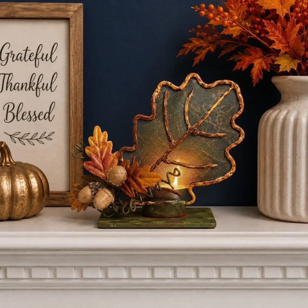 Leaf-Shaped Metal Tea Light Holder Rustic Farmhouse Harvest Fall Cottagecore